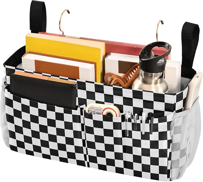 Black White Checkerboard Print Bedside Caddy Storage Bag Bedside Organizer for Bunk Bed Headboards College Organizer Caddy Hanging Shelf 6 Pockets with Hooks for Drinks Magazine Phone Holder