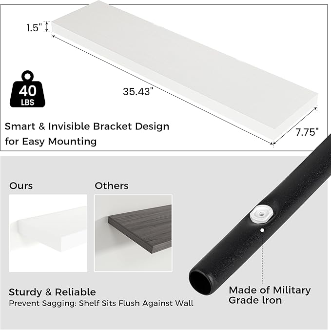 Venusmiles Floating Shelves for Wall 36 inch Long, Engineered Wood Wall Shelves with Invisible Brackets for Living Room Bedroom Bathroom Office Kitchen Decor and Storage, White Finish, Set of 2