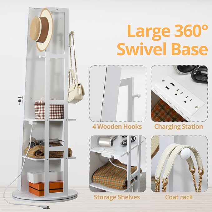 IRONCK 360° Swivel Mirrored Jewelry Cabinet with Full-Length Mirror, Charging Station, Lockable Standing Jewelry Organizer with Rear Storage Shelves, Interior Mirror, LED Lights, White