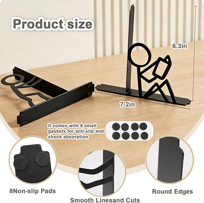 Decorative Book Ends for Shelves,Cute Kids Metal Decor Black Aesthetic Bookshelf Accessories Non-Skid Book Stopper,Office Desk Organizer for Home Library Study Room Decor