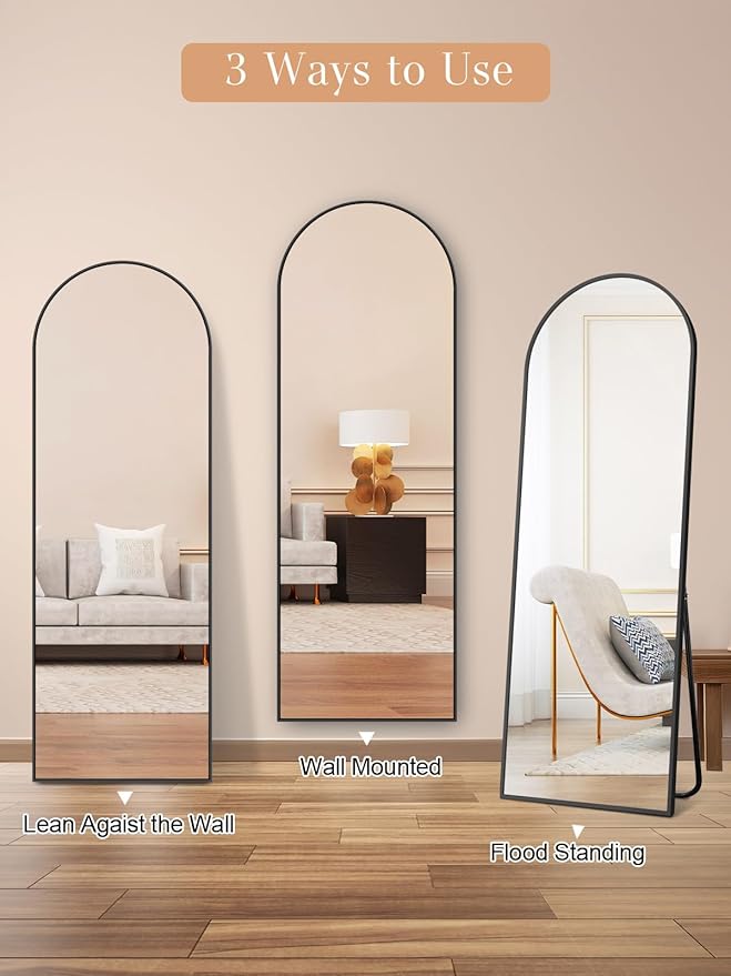 GlasFlength Arched Full Length Mirror with Stand, 57"x20" Free-Standing Leaning Wall-Mounted Mirrors, Elegant Body Mirror for Living Room, Bedroom & Cloakroom, Black