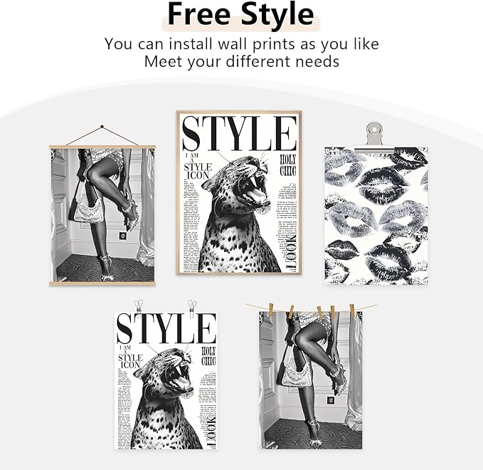 Trendy Leopard Wall Art Black and White Cheetah Canvas Wall Decor Fashion Preppy Room Poster Vintage Y2k Aesthetic Prints Funky Heels Lips Pictures Artwork for Girl Bedroom 12x16x3 Inch Unframed