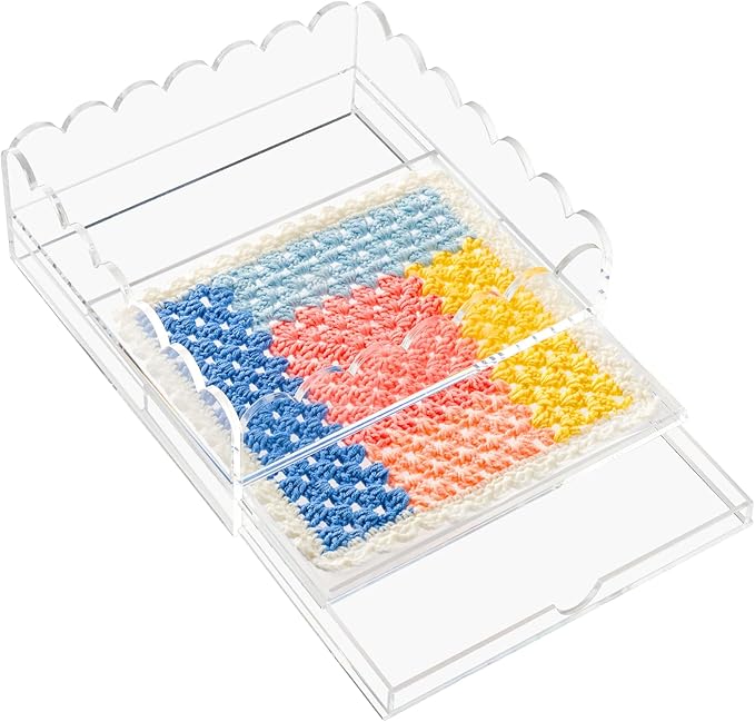 Scalloped Acrylic Tray, 9" x 9" Clear Acrylic Tray with Double Layer Drawer for Insert Needlepoint,Art, Customizable Photos,Fabric,Messages Display Basket,Decorative Tray Gift for Home Office