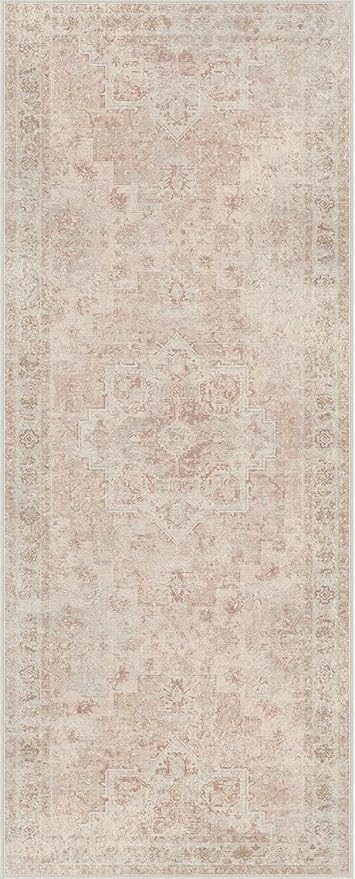 GENIMO 2x8 Runner Rugs for Hallway, Machine Washable Non Slip Vintage Rugs, Low Pile Lightweight Soft Print Carpet for enrtyway, Corridor, Home, Office, Kitchen, Light Pink