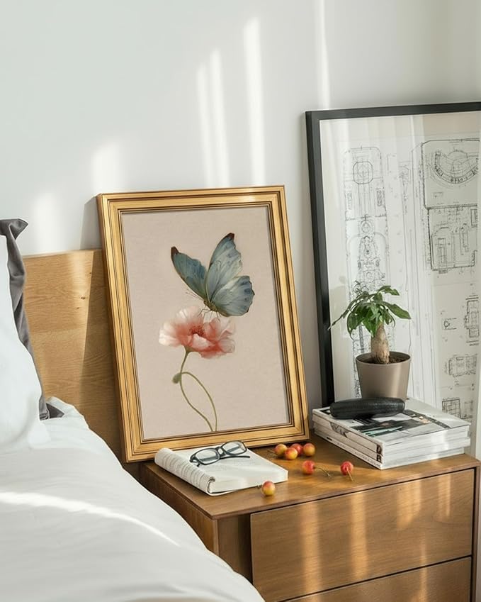 InSimSea Gold Framed Canvas Prints Wall Art, Vintage Butterfly Decor, Cherry Blossom Paintings Farmhouse Spring Wall Decor, Antique Pictures for Nursery Bedroom Living Room Shelf, 12x16inch