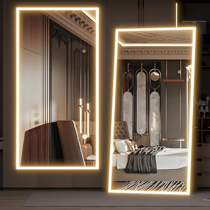 Full Length Mirror with Lights, 180x80cm Full Body Mirror with Light, Lighted Floor Mirror, LED Full Length Mirrors Wall Mounted Dimming & 3 Color Lighting for Bedroom, White