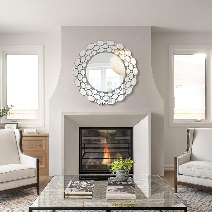 35" Large Round Wall Mirrors, Modern Silver Mirror for Wall Decor, Elegant Decorative Mirror for Entryway, Living Room, Bedroom, Bathroom, Dining Room