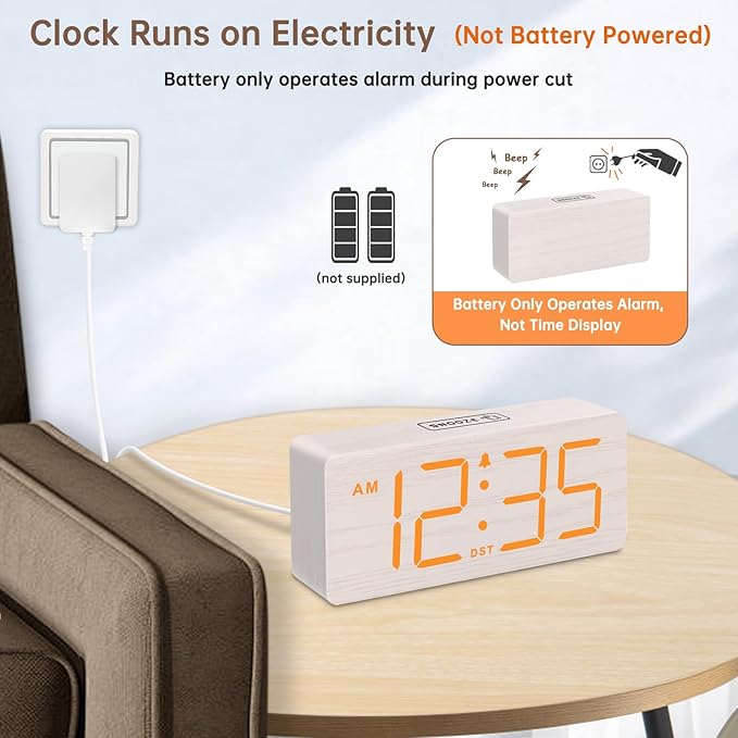 DreamSky Wooden Digital Alarm Clock for Bedroom - Loud Alarm Clock for Heavy Sleepers with Volume Control, Desk Clocks for Living Room with Large Numbers, Dimmer, DST, Wood Decor (Plug in Clock)