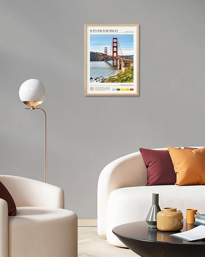 HesenDot Natural OAK Wood Golden Gate Bridge Framed Wall Art,12x16in San Francisco City Skyline Canvas Wall Print,Modern Urban Landmark Wall Decor for Living Room,Bedroom,Office Gallery Gifts Set of 1