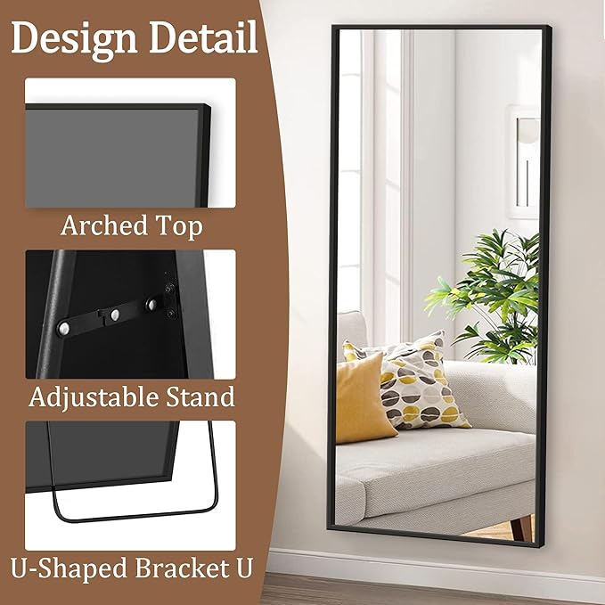 GlasFlength Full Body Mirror with Stand, 71" x 32" Full Length Mirror with Aluminum Alloy Frame Wall-Mounted/Leaning Against Wall/Floor Standing Mirror for Home Decor, Black