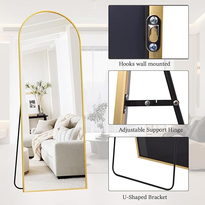 Rowjut Floor Mirror Arched Full Length Mirrors, Mirror Full Length Standing Hanging or Leaning Against Wall, 59"x18" Large Full Body and Wall Mounted Mirror for Bedroom Living Room, Gold
