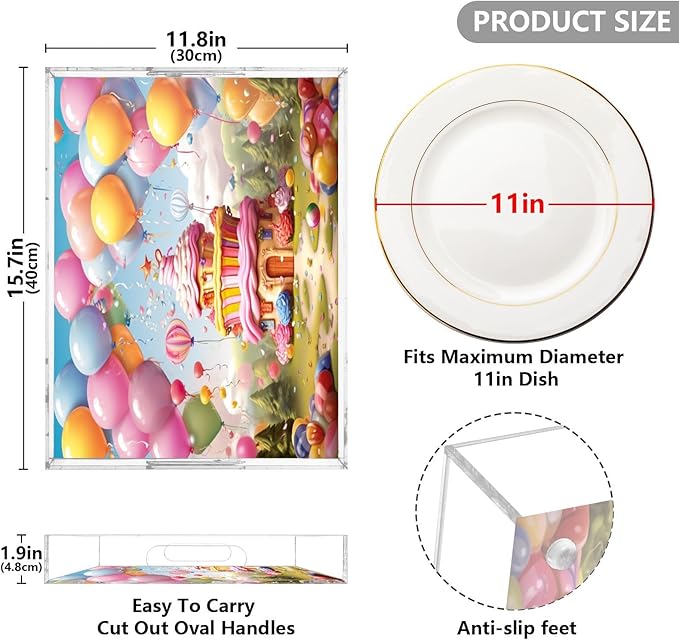 Happy Birthday Clear Acrylic Serving Tray Decorative Acrylic Trays for Breakfast, Bathroom Desk Organizer Storage Tray (15.7"x11.8") ﻿