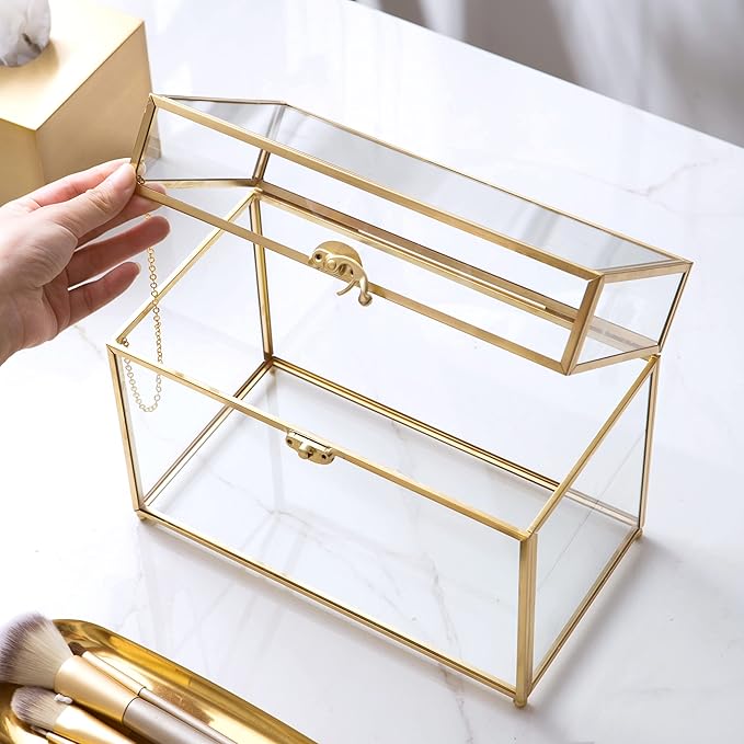 Vellon Gold Clear Glass Wedding Gift Card Box with Buckle Lock, Desktop Cosmetic Storage Organizer with Lib, Keepsake Box/Makeup Container, Golden Jewelry Box