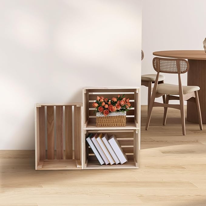 3 PCS Extra Large Wood Crates Box for Storage 16 x 12 x 9.5 Inches Unassembled Natural Wooden Crates with Handle Decorative Nesting Container for Display Rustic DIY Home Laundry (Wood Color)