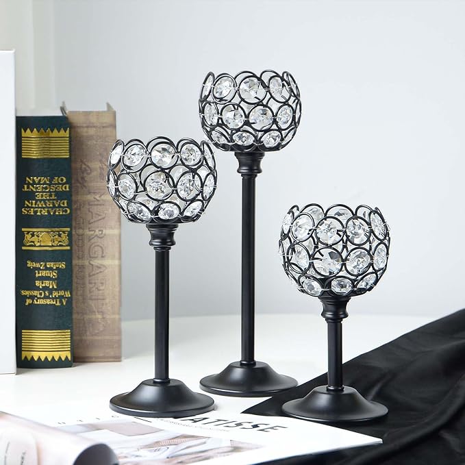 Set of 3 Balck Crystal Metal Tealight Candlestick, Bling Bowl Candelabras, Tall Votive Candle Holders Elegant Candle Centerpiece for Dining Table Wedding Decor
