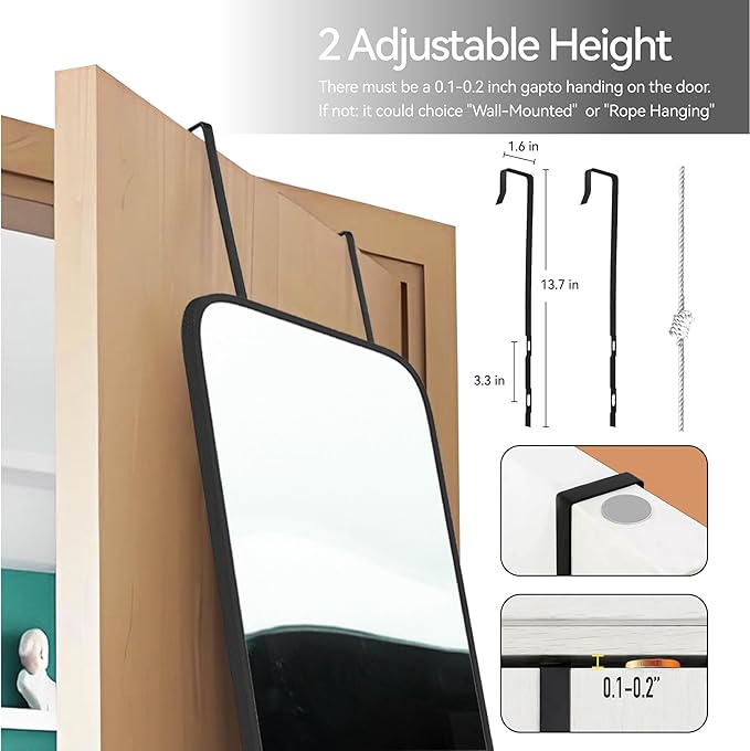 SCWF-GZ 57x20 Door Hanging Full Length Mirror, Floor (Height 5.7ft just Body in 1.3ft) or Wall Mounted Metal Frame Rectangle Dressing Mirrors for Bedroom Bathroom Living Room 57 inch Black