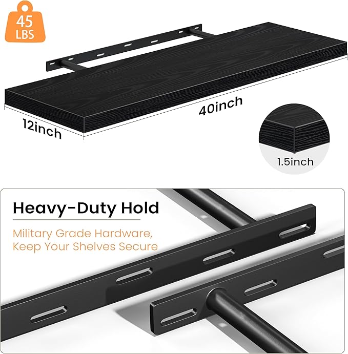 Fun Memories 40 Inch Floating Shelves, 12 Inch Deep Wall Shelves, 40 x 12 Floating Shelf Set of 2, Black Wood Floating Shelf Wall Mounted, Large Kitchen Living Room Bedroom Bathroom Storage Shelves