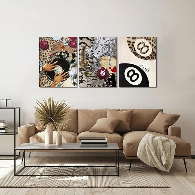 Fashion Cheetah Wall Art Set of 3 Leopard Wall Decor Pictures Lucky 8 Ball Poster Canvas Painting Prints Dark Red Cheetah Artwork for Bedroom Living Room Framed 12x16 inch