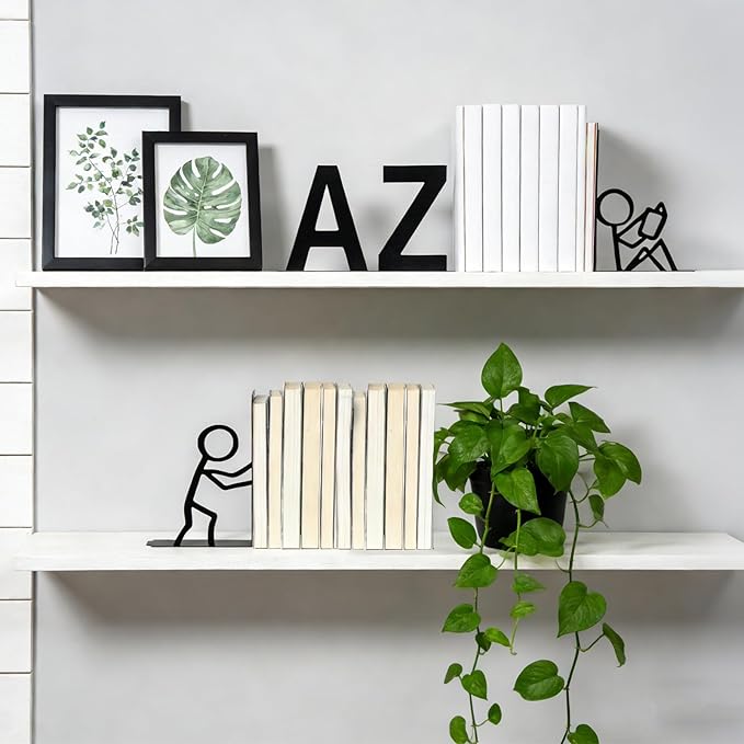 Decorative Book Ends for Shelves,Cute Kids Metal Decor Black Aesthetic Bookshelf Accessories Non-Skid Book Stopper,Office Desk Organizer for Home Library Study Room Decor