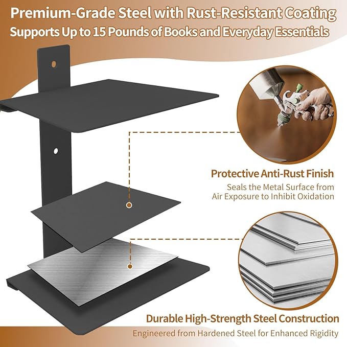 Invisible Floating Bookshelves 4 Tier, Heavy Duty Metal Book Organizer for Wall, 2 Pack (Black)
