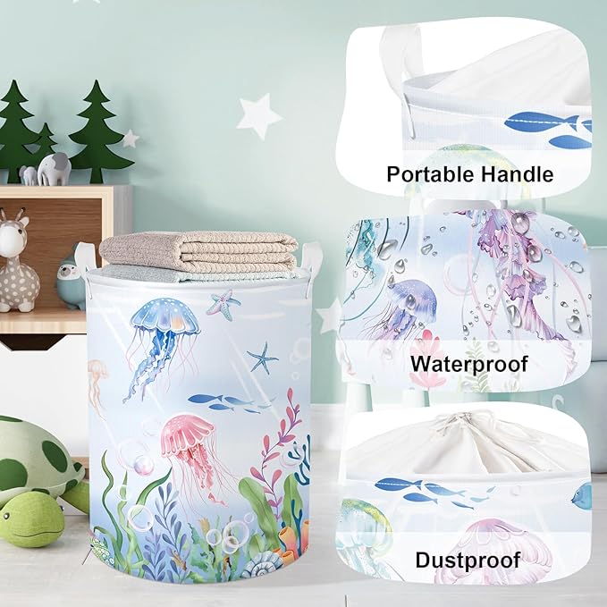 Ocean Animals Baby Laundry Hamper Collapsible Clothes Kids Storage Basket Large Boys Girls Gift Toy Box Bin for Nursery Room, Colorful Jellyfish, 63L
