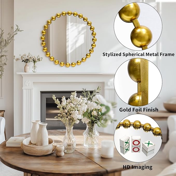 Round Gold Mirror 24'', Spherical Frame Vintage Beaded Mirror for Wall Decor Large Circle Mirror for Bathroom, Dining Roon, Bed Room, Entryway