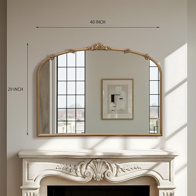 Besdomus Large Vintage Gold Mirror: 40"x29" Traditional Ornate Arched Mirror - French Baroque Antique Mirrors for Wall/Mantel/Bedroom/Entryway/Bathroom/Hallway - Home Decor for Fashion-Conscious