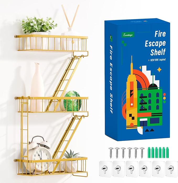 SweetSage Fire Escape Wall Shelf Gold - New York Decorative Ladder Shelf, Metal Decorative Shelving for Living Room, Home Décor, Action Figure Display (3-Tier)