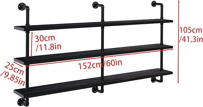 HDDFER Industrial Pipe Shelving Rustic Black Pipe Wall Shelves Industrial Shelves with Wood Planks Floating Shelves 60 Inch Farmhouse Bathroom,Kitchen Shelving Wall Mounted