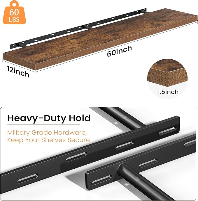 12 Inch Deep Floating Shelves, 60W x 12D Floating Shelf for Books, Rustic Wood Deep Wall Shelves for Home Storage & Display, 1.5" Thicked Shelves for Kitchen, Living Room, Bedroom, Brown, 2 Pack