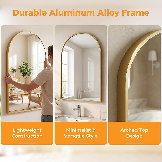 OLIXIS Arched Gold Bathroom Mirror for Over Sink, 20x30 Inch Wall Mirror, Bathroom Vanity Mirror with Matte Metal Frame for Home Decor, Living Room