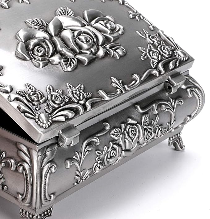 Hipiwe Vintage Metal Jewelry Box Small Trinket Jewelry Storage box For Rings Earrings Necklace Treasure Chest Organizer Antique jewelry Keepsake gift Box Case for Women (Medium)