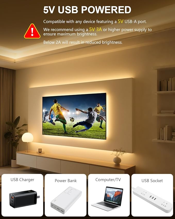 ALITOVE COB LED Light Strip 16.4FT 5V USB LED Strip Light Uniform Grow Super Bright 3000K Warm White with Remote Dimmable Flexible LED Tape Lights for Bedroom Cabinet Kitchen Shelf TV Lights