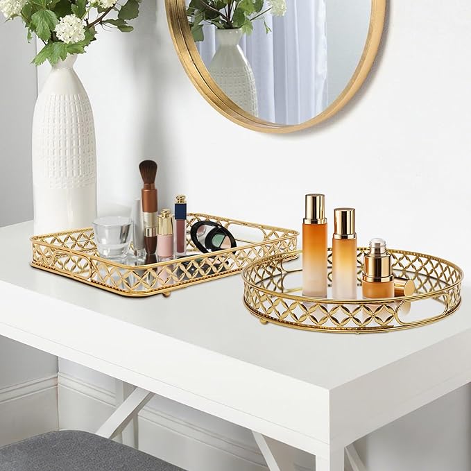 12.6 Inch Round Gold Mirrored Vanity Tray,Metal Mirror Decorative Jewelry Storage Tray,Perfume Makeup Organizer Trays for Dresser Bathroom Counter Home Decor