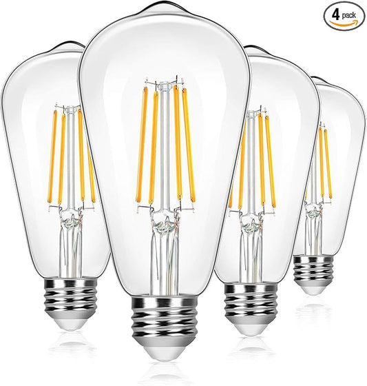 4-Pack Vintage 8W ST64 LED Edison Light Bulbs 100W Equivalent, 1400Lumens, 2700K Warm White, E26 Base LED Filament Bulbs, CRI 90+, Antique Glass Style Great for Home, Bedroom, Office, Non-Dimmable