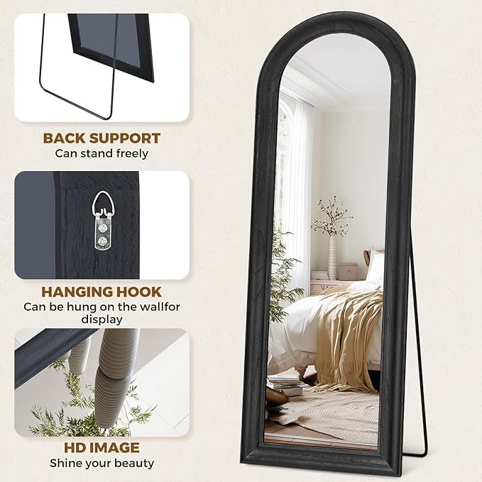 Solid Wood Full Length Mirror - 65"x22" Arched Floor Mirror, Free Standing & Wall Mounted - Elegant Design for Bedroom, Dressing Room, Hallway, Black