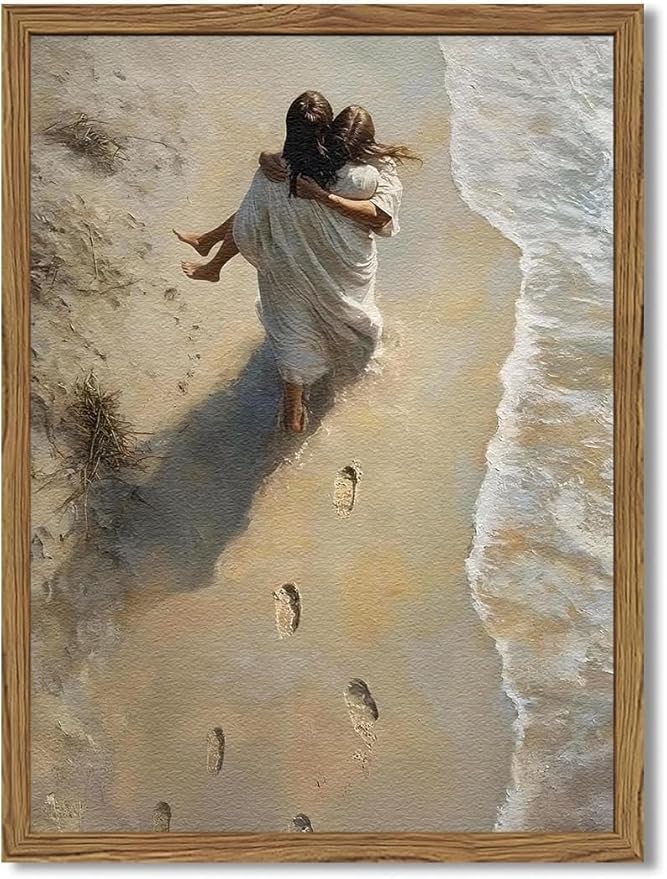 Jesus Hugging Woman Wall Art Jesus on the Beach Wall Decor 3D Textured Hand Drawn Sandstone Christian Decor Painting Footprints on the Beach Artwork for Bedroom Living Room 24x36 inch Wood Framed