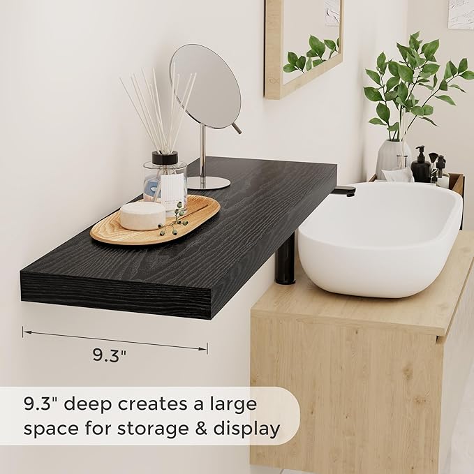 Fun Memories 32" W x 9.3" D Floating Shelves in Black, Rustic Wood Deep Shelves for Bedroom, Kitchen, Living Room, Long Floating Shelf for Wall, Storage Display Wall Shelf for Books Decor