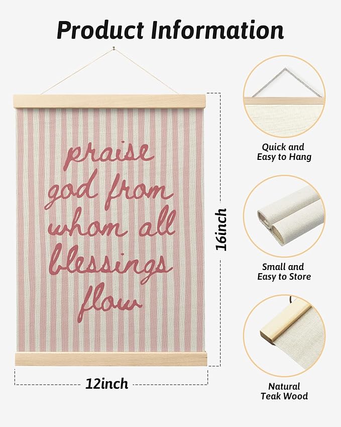 FGFK Trendy Pink Christian Wall Art Poster Hanger Frame, Trendy Striped Praise God From Whom All Blessing Flow Bible Verse Scripture Canvas Prints Framed Wall Decor for Room Home Dorm, 12x16 Inch