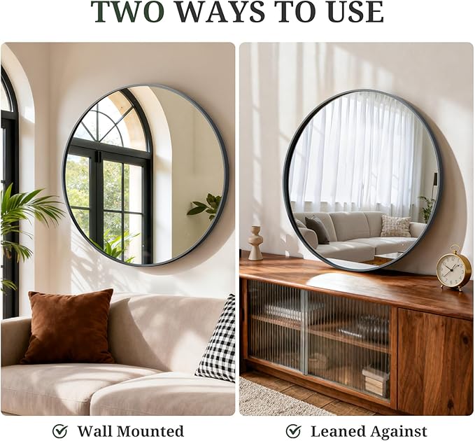 Round Wall Mirror 20 Inch Black Vanity Mirror with Metal Frame, Modern Circle for Bathroom, Entryway, Bedroom, Living Room, Wall Mounted Decorative Mirrors