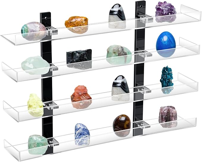 Novabright 4 Layer Rock Display Shelves Clear Acrylic Floating Shelves Wall Organizer for Stone Collection 15" Rock Display Stand for Stone Minerals Gemstones Crafts Figure Perfume for Living Room