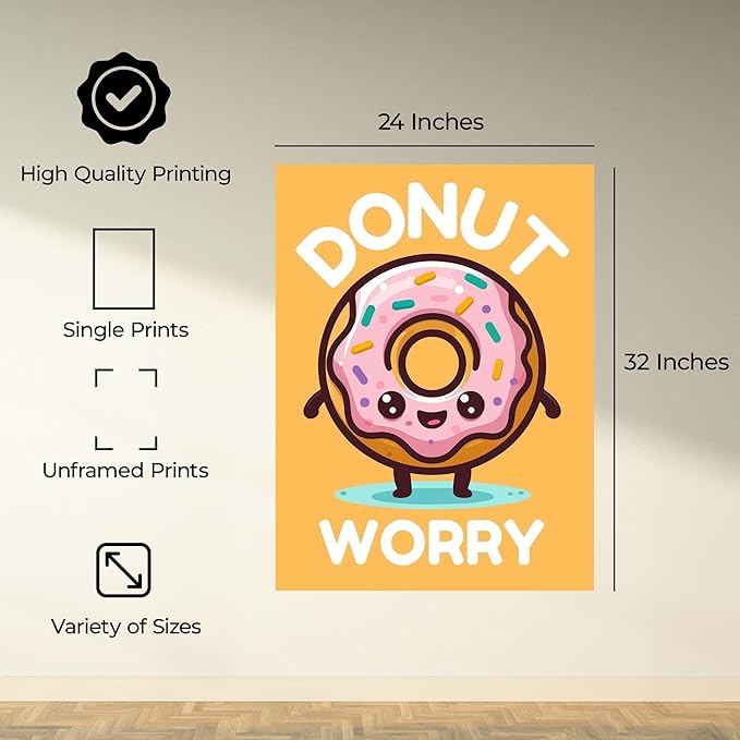 InkFlow Posters Donut Worry Poster - Smiling Donut Illustration - Playful Kawaii Food Art - Kids Bedroom Playroom Decor - Cheerful Wall Print - 24x32 Unframed Canvas Print