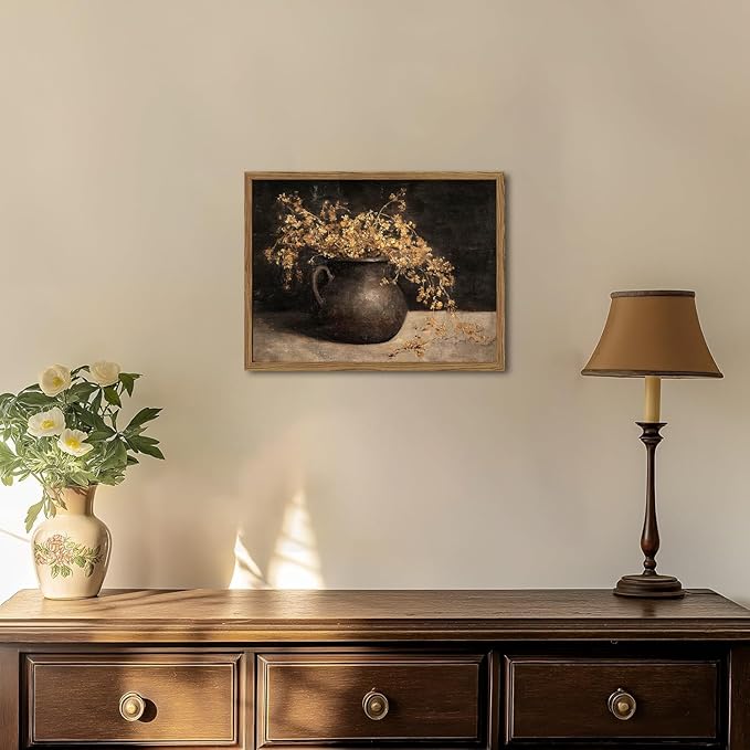 Framed Vintage Floral Wall Art, 3D Textured Sandstone Dark Still Life Flowers Wall Decor Paintings, Rustic Botanical Pictures Prints Aesthetic Home Decor for Living Room Bedroom 16x24 inch
