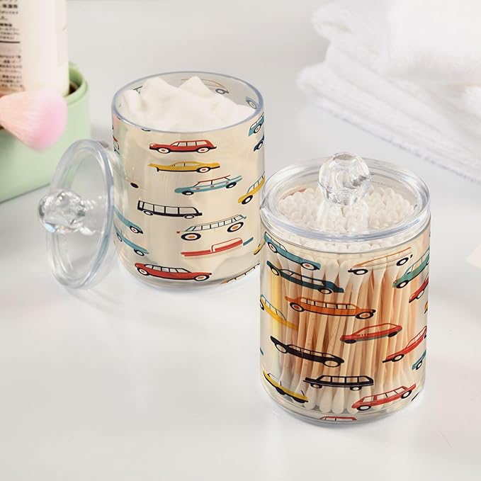 Nander 4Pack Cartoon Car Qtip Holder Dispenser -Clear Plastic Apothecary Jars Set - Restroom Bathroom Makeup Organizers Containers for Cotton Swab, Ball, Pads, Floss