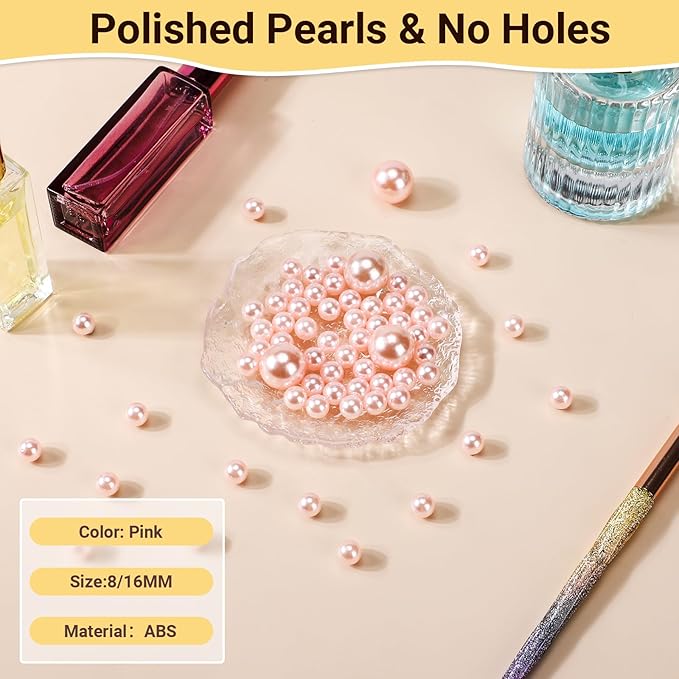 Suream 1300PCS Pearl Beads for Centerpieces, 8mm/0.31in No Hole Artificial Beads for Vase Filler, Jewelry Making, Table Scatter, Wedding Decoration, Makeup Holder, DIY Craft Projects, Pink