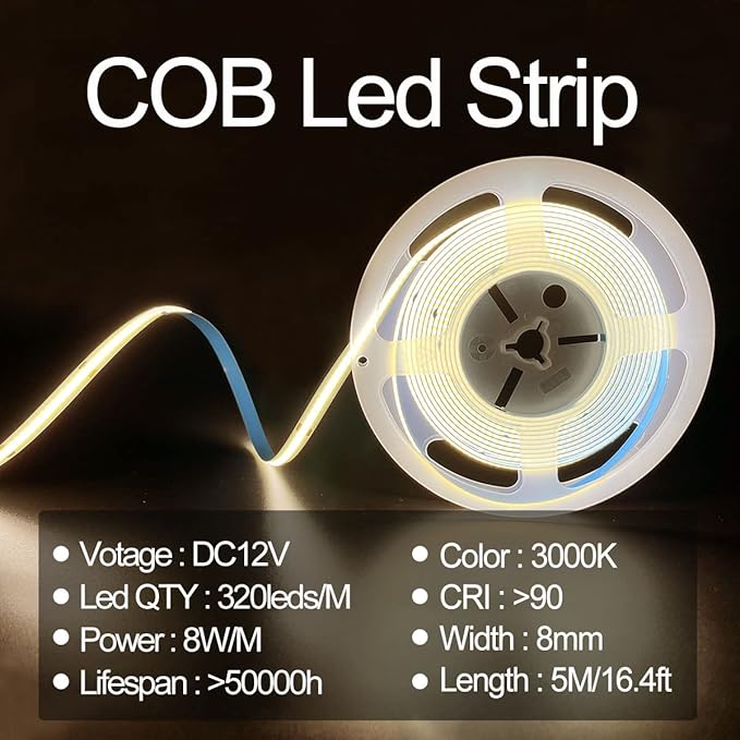 HAMRVL COB LED Strip Lights Warm White 3000K,DC12V 16.4ft/5M 320leds/M CRI90 Bright Flexible LED Tape 8mm, for Indoor Home Cabinet，Bedroom,Kitchen,Stage,Backlight DIY Lighting(Without Power Supply)