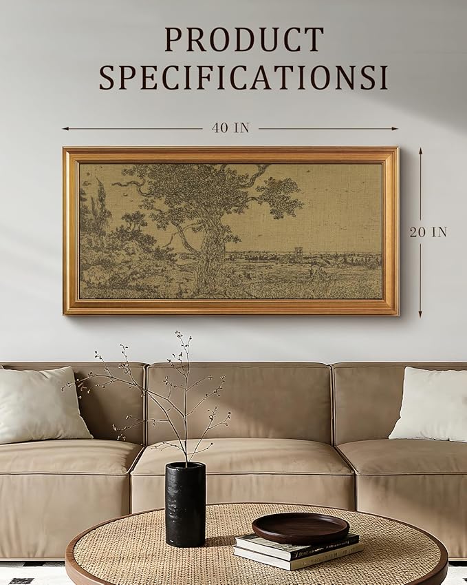 Bzstyleart Vintage Wall Art Decor, Large Canvas Framed Wall Art, Landscape Painting Picture Farmhouse, Large Canvas Artwork for Bedroom Home Decoration Aesthetic, Field Tree, 20 x 40 Inch