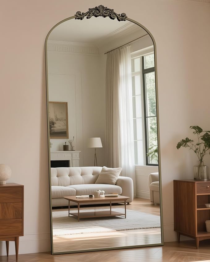 Antok Arched Full Length Mirror, 78"x38" Floor Mirror with Carved, Full Body Mirrors for HomeDecor, Standing/Halling Large Wall Mirror for Bedroom, Living Room, Cloakroom, Bronze, Retro Style