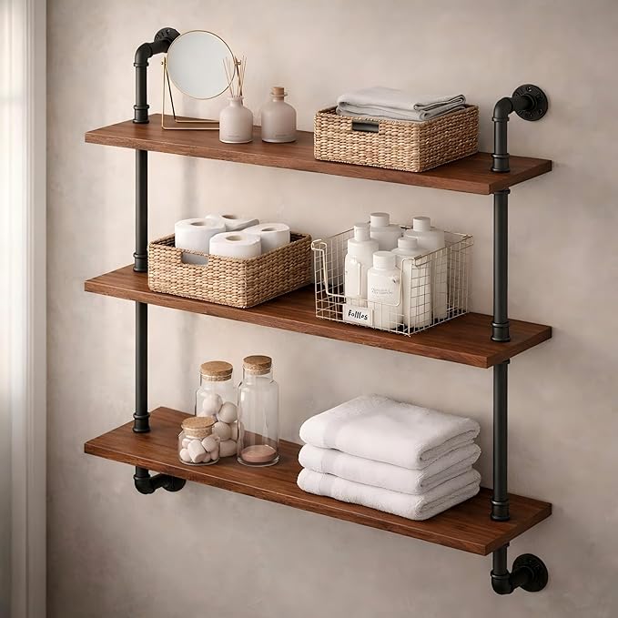3-Tier Industrial Pipe Floating Shelf – Rustic 30 inch Wood Wall-Mounted Storage Shelf for Kitchen Office,Bathroom & Home Decor -Walnut