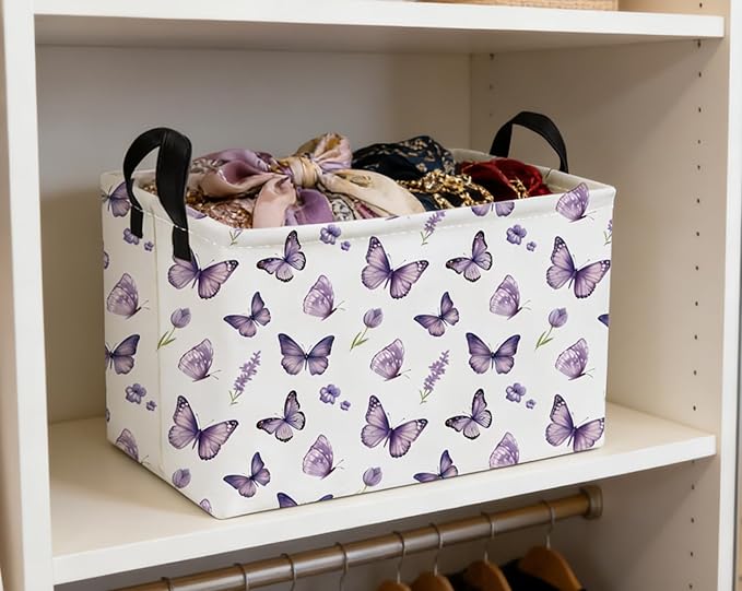 Essme Rectangular Kids Baskets,Butterfly Storage Box,Cute Basket for Kids with Handles for Room Decor, Book Bins.(Purple butterfly)